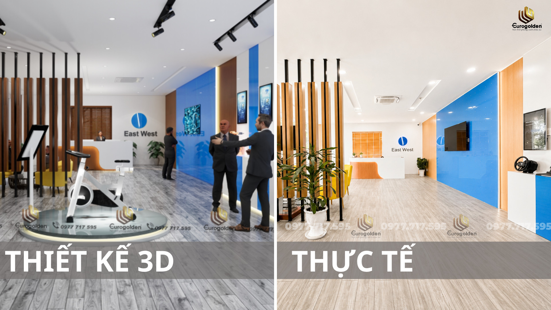 Hệ thống vách lam sóng và kệ trưng bày trong thi công thực tế văn phòng East West